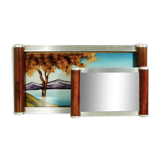 Set of 2 Art Deco wooden trays, mirror & screen-printed glass landscape