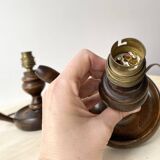 Pair of 50s turned wooden candlestick lamps, vintage lighting fixtures, rustic lamp bases