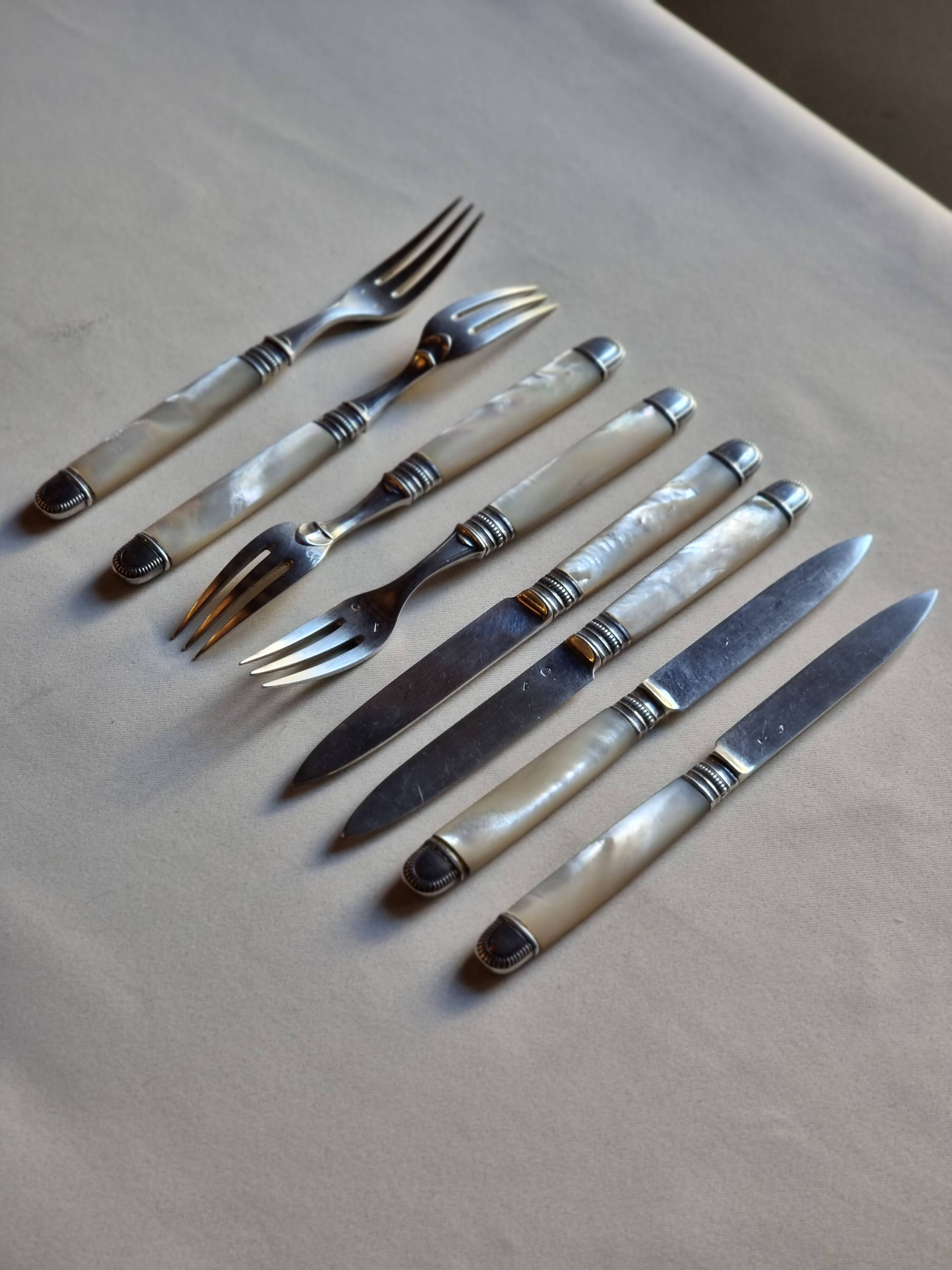 Knives and forks, XIXth, silver blades and forks, mother-of-pearl handle, minerva hallmark