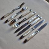 Knives and forks, XIXth, silver blades and forks, mother-of-pearl handle, minerva hallmark