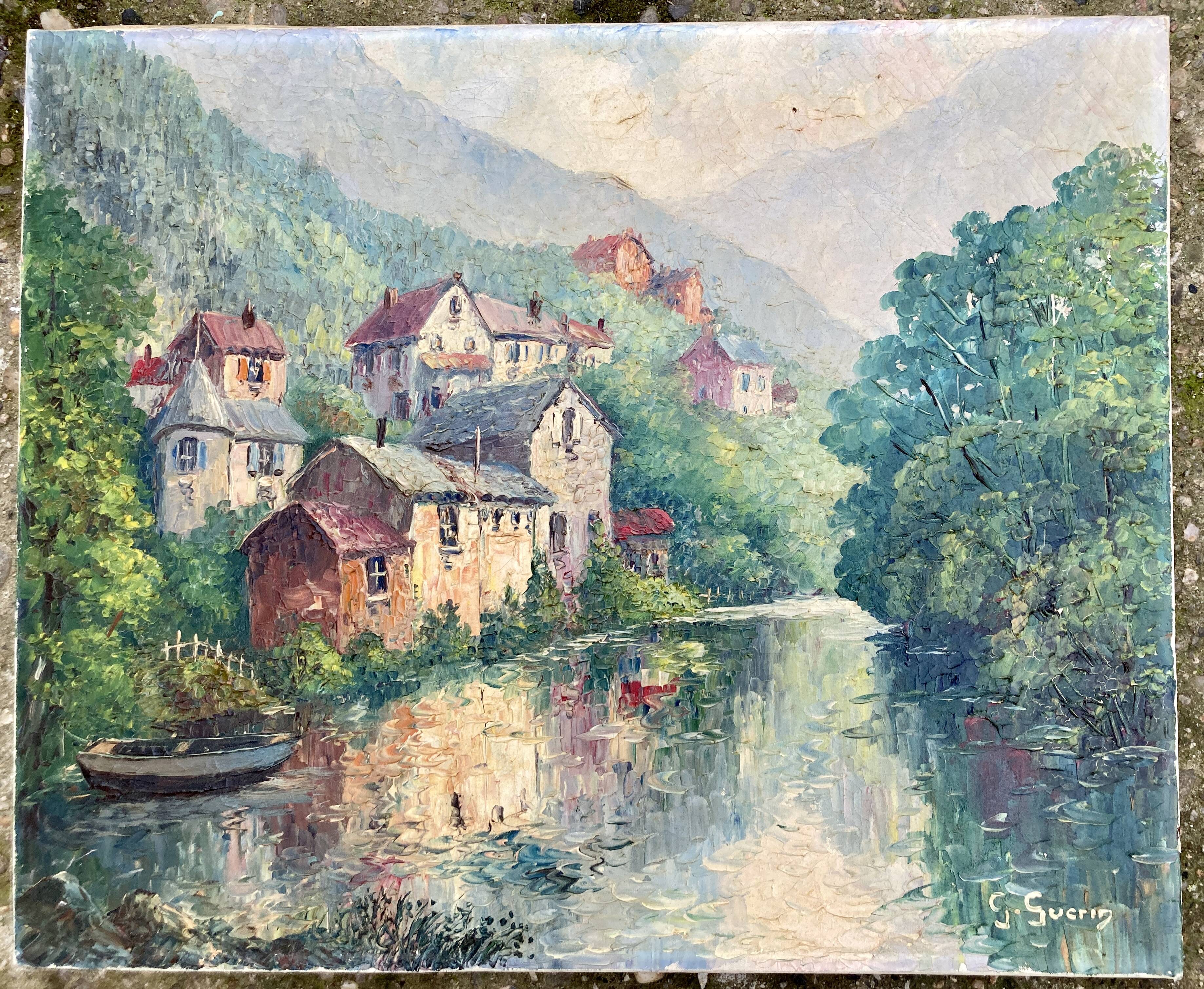 Ancient painting - View of Chateauneuf les Bains - Puy de Dôme - Auvergne