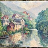 Ancient painting - View of Chateauneuf les Bains - Puy de Dôme - Auvergne