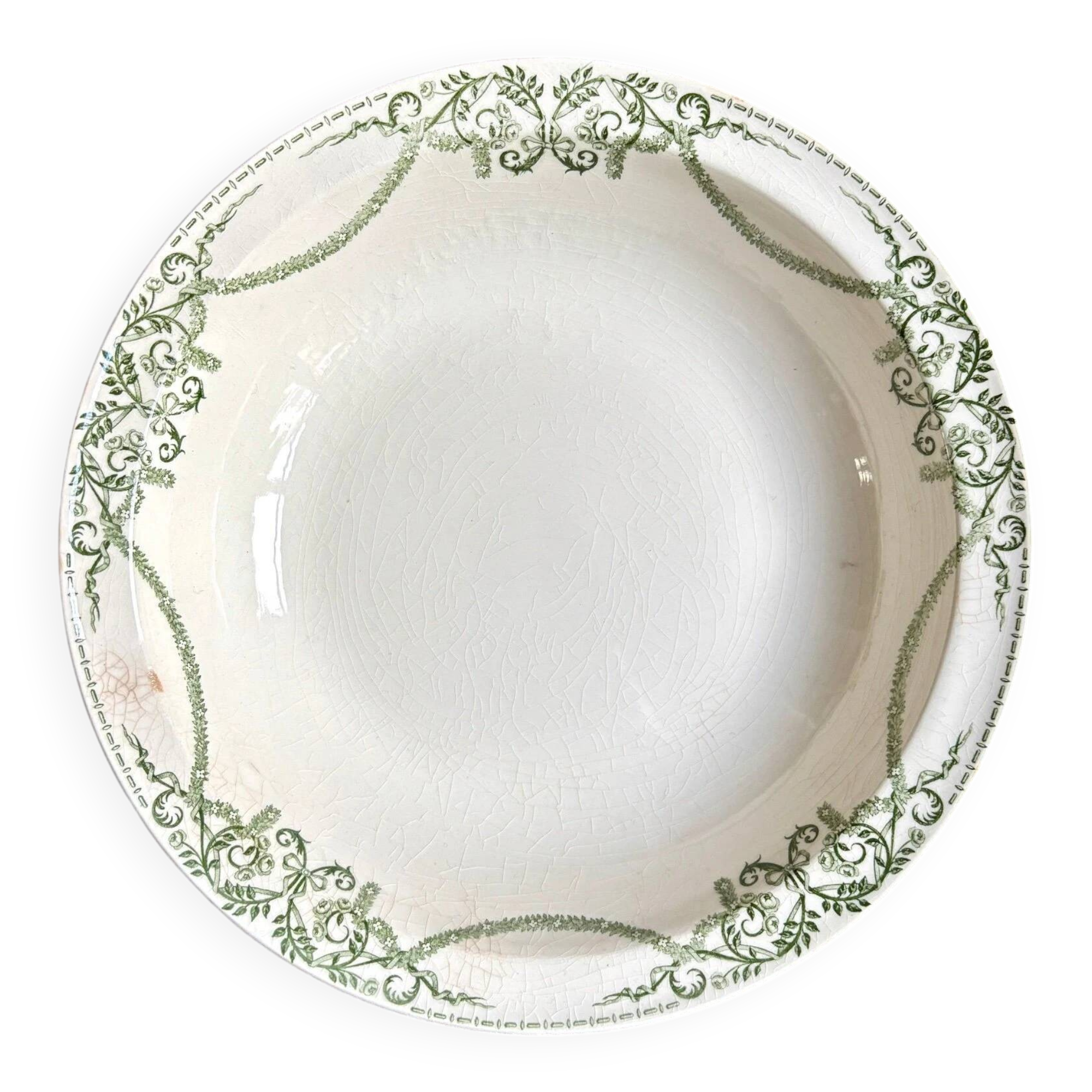 Round, deep Creil & Montereau dish in green earthenware, "Napoleon" service
