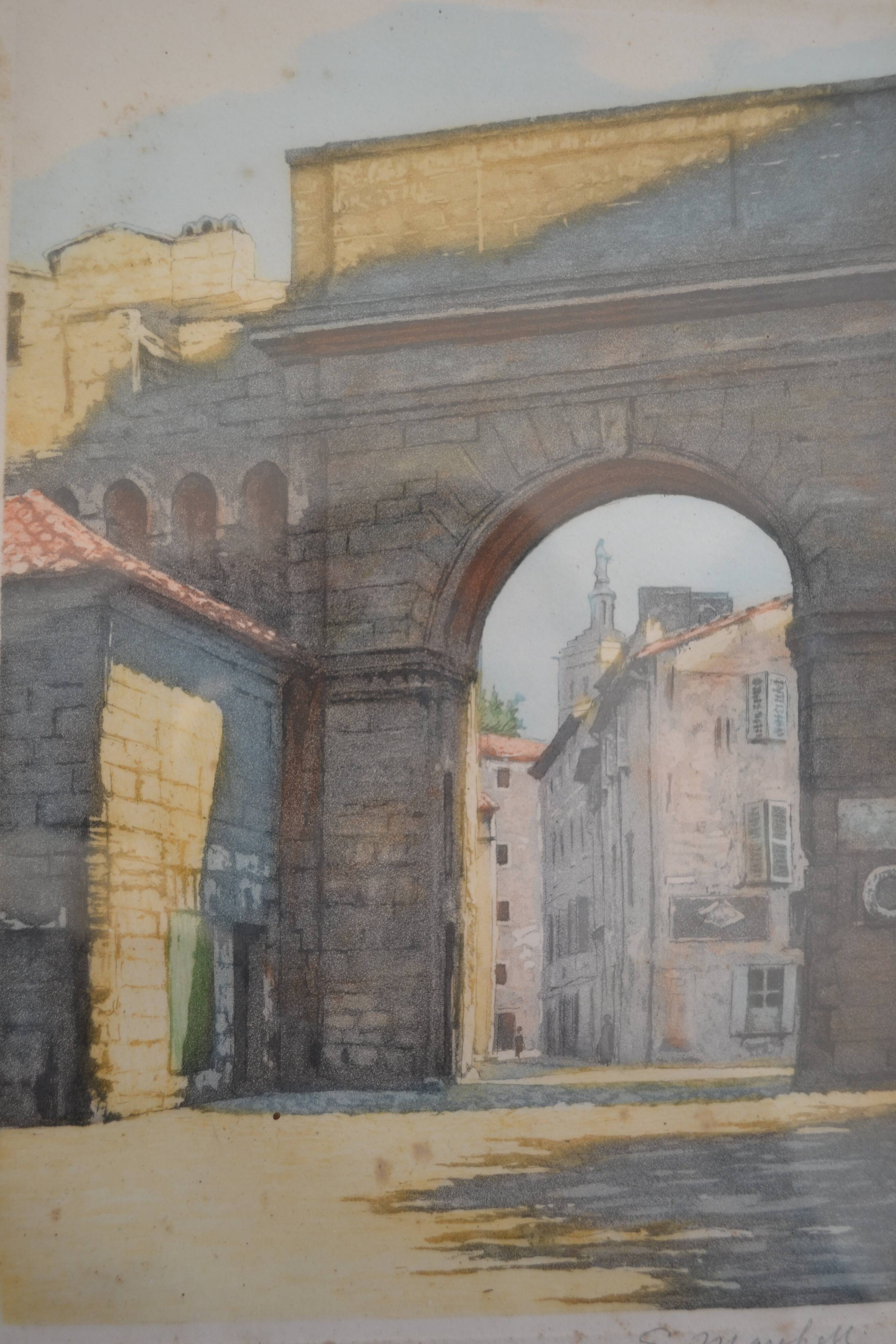 The Rhône Gate in Avignon around 1900, aquatint engraving signed.