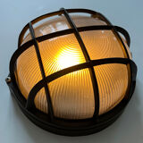 Vintage wall lamp, black metal and ridged glass, France 1980.