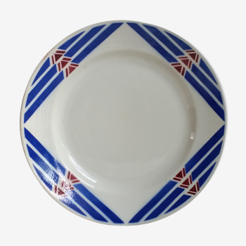 Badonviller plat de service rond décor géométrique bleu et rouge, modèle Stella