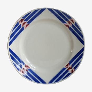 Badonviller round serving dish geometric design blue and red, Stella model