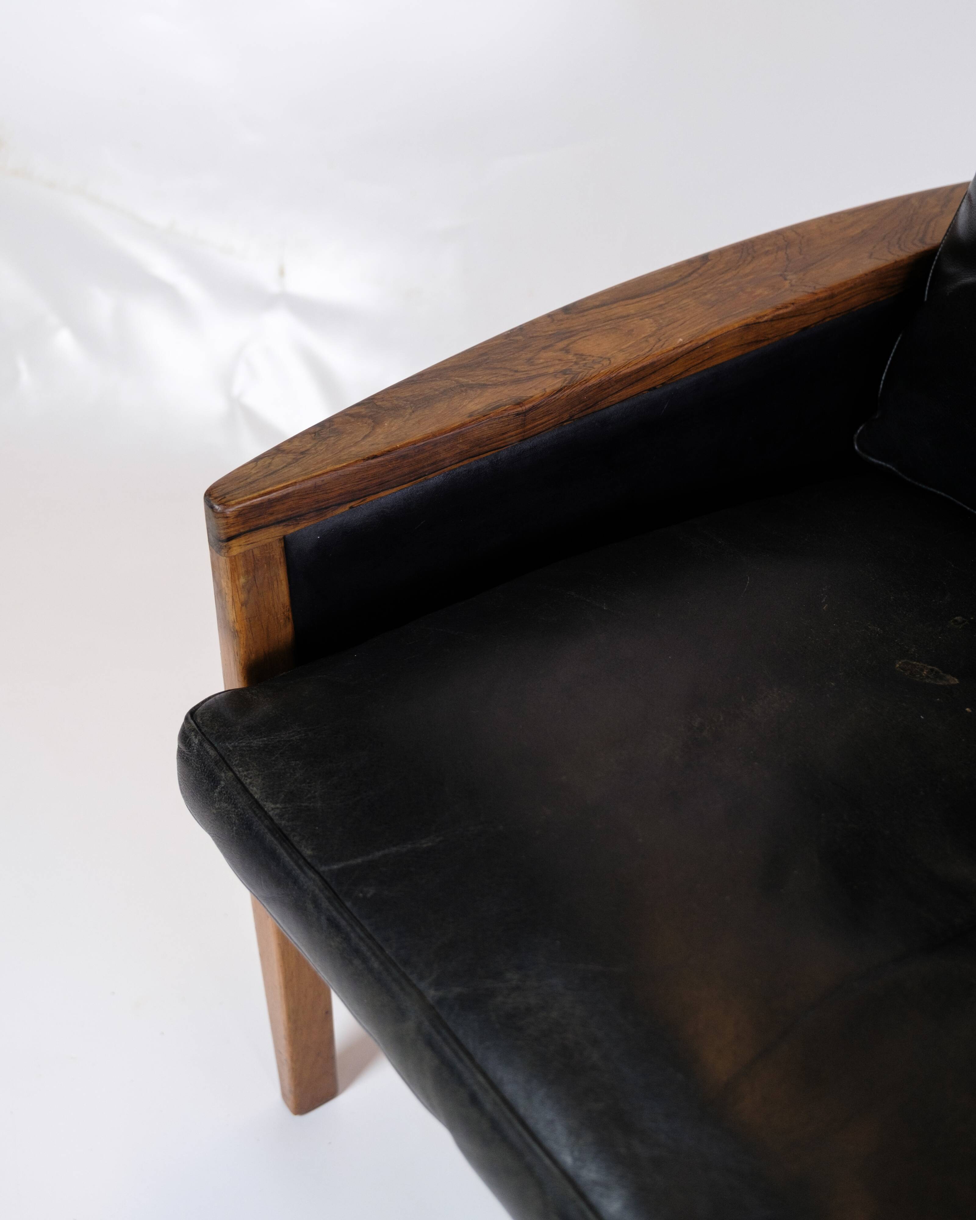 Armchair Made In Rosewood & Black Leather Cushions By Hans Olsen From 1960s