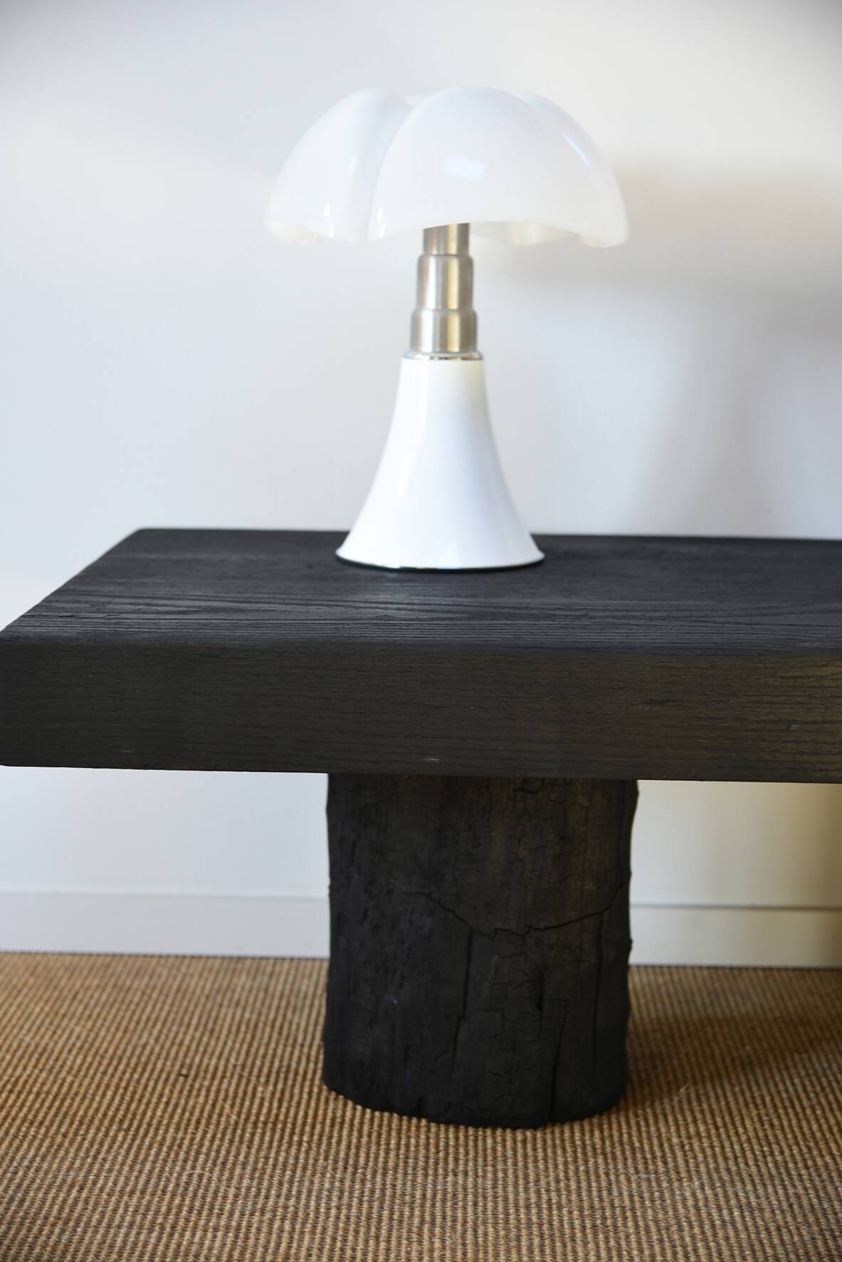 Log coffee table with burnt wood finish, shou-sugi-ban