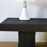 Log coffee table with burnt wood finish, shou-sugi-ban