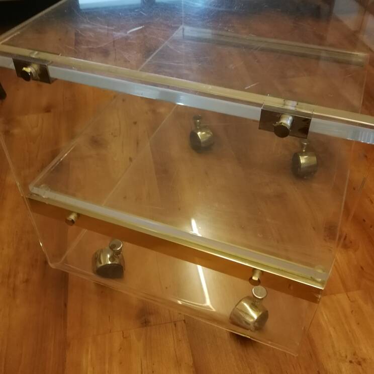 David Lange designer coffee table, plexiglass and gold metal, sliding top