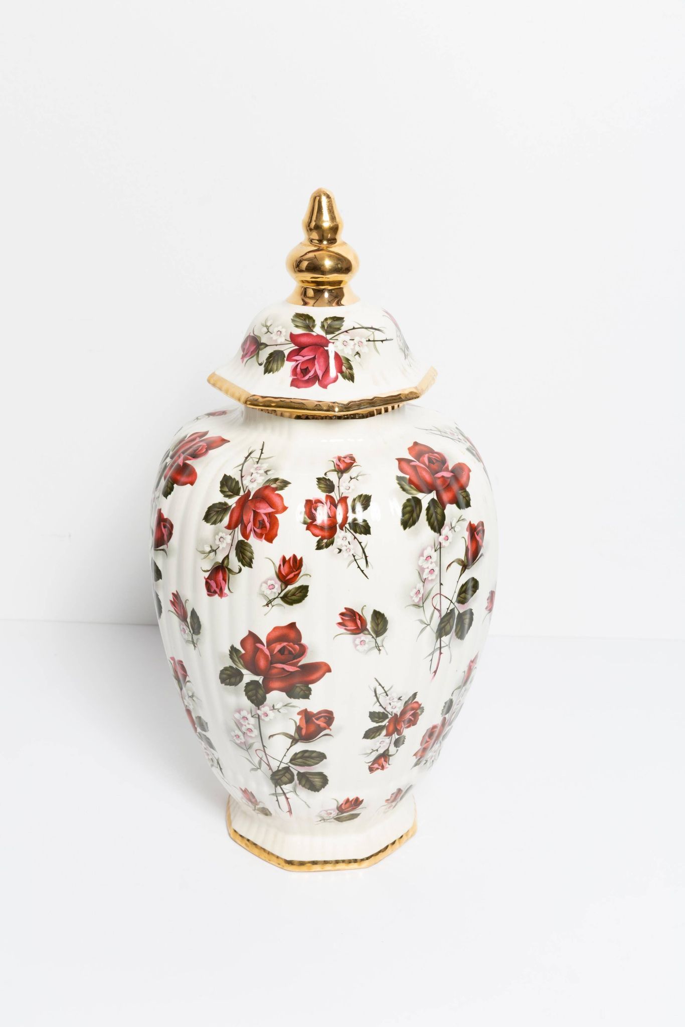 Large hand-painted ceramic vase with roses, sweet box, 20th century, Belgium, 1960s.