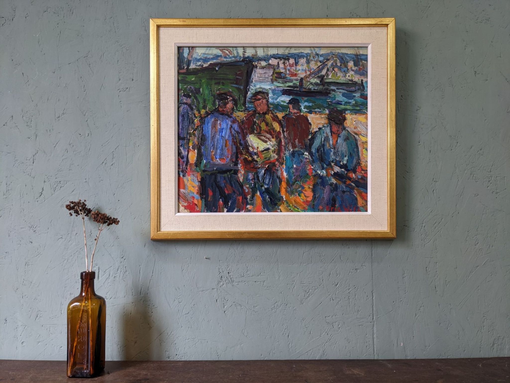 Peinture à l’huile figurative vintage suédoise « Coastal Dock » du milieu du siècle, encadrée
