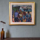 Peinture à l’huile figurative vintage suédoise « Coastal Dock » du milieu du siècle, encadrée