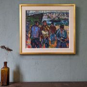 Peinture à l’huile figurative vintage suédoise « Coastal Dock » du milieu du siècle, encadrée