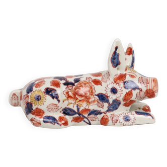 Vintage Imari Pig Figurine Japanese Porcelain Floral Enamel