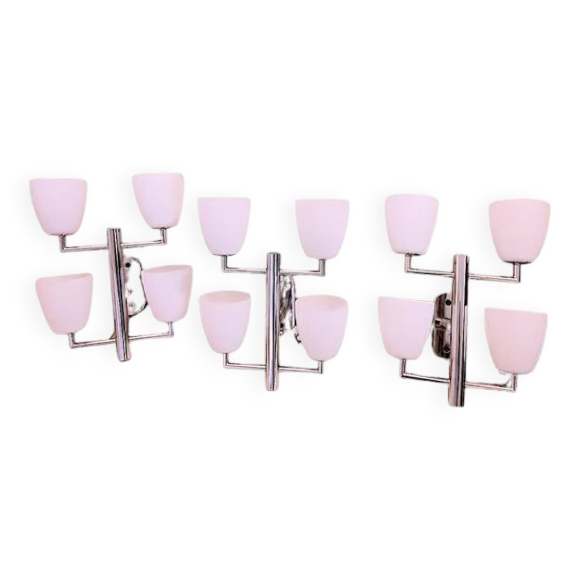Fontana Arte, Set of 3 4-Light Wall Lamps, White Murano Glass, Italy