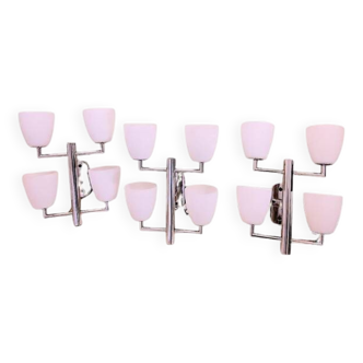 Fontana Arte, Set De 3 Appliques 4 Feux, Verres Murano Blancs, Italie