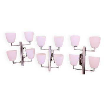 Fontana Arte, Set of 3 4-Light Wall Lamps, White Murano Glass, Italy