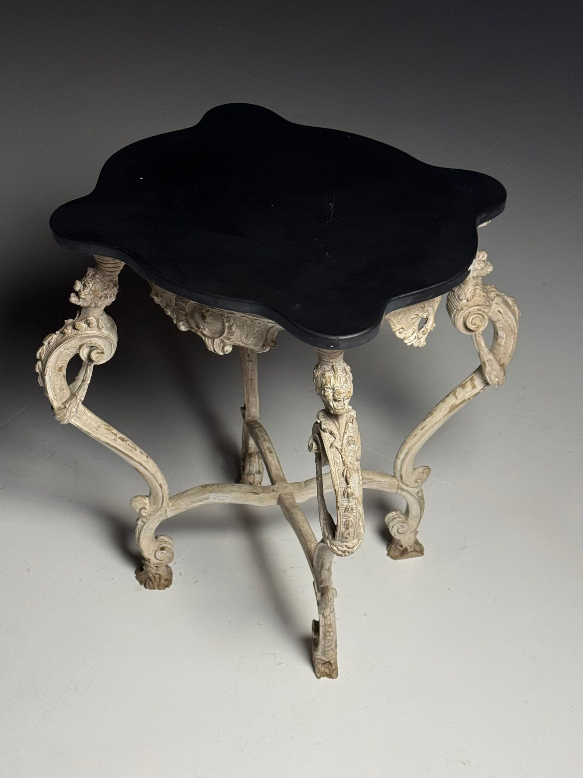 French side table hand-carved wood with marble top