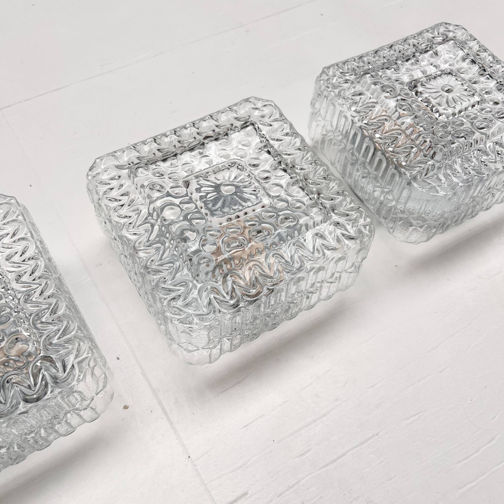 Set of 3 ice glass ceiling lamps, 1970s