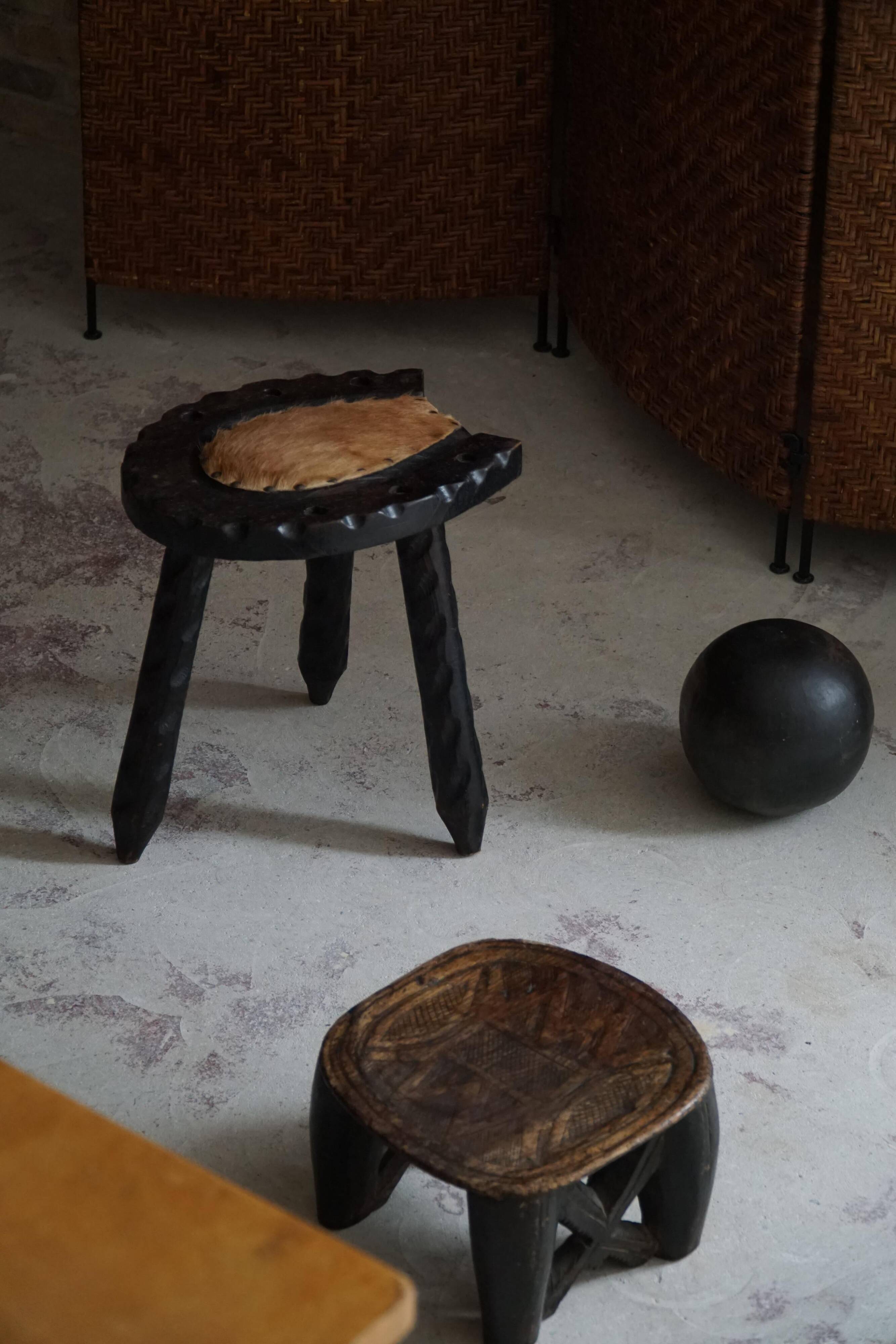 Swedish tripod stool in pine and cowhide, Wabi Sabi, 1950s