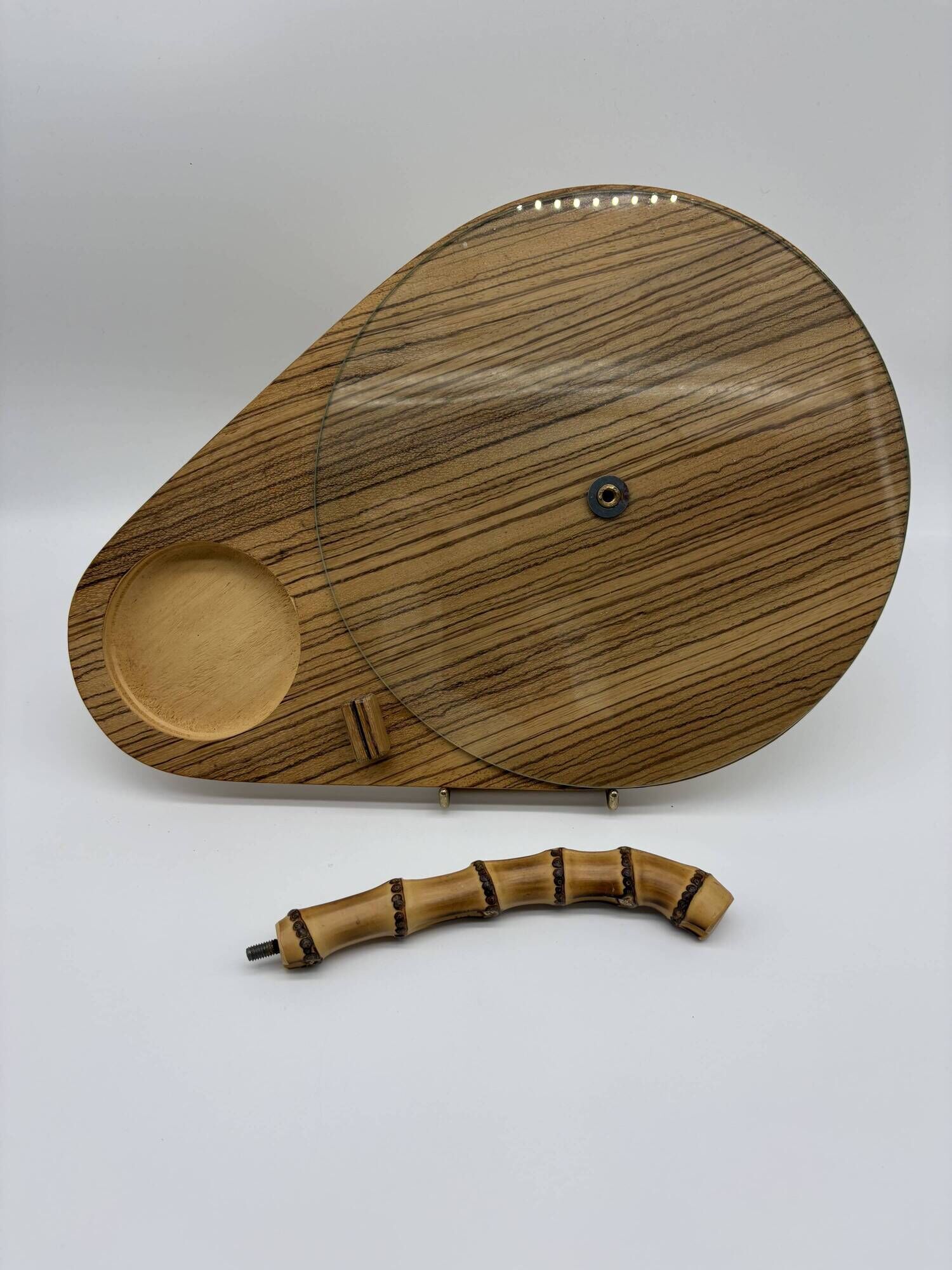 Vintage service tray wood, glass and bamboo – 1960s