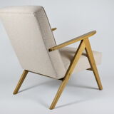 Fauteuil vernis original, années 1960, restauré, modèle B310, tissu beige, vernis en teck