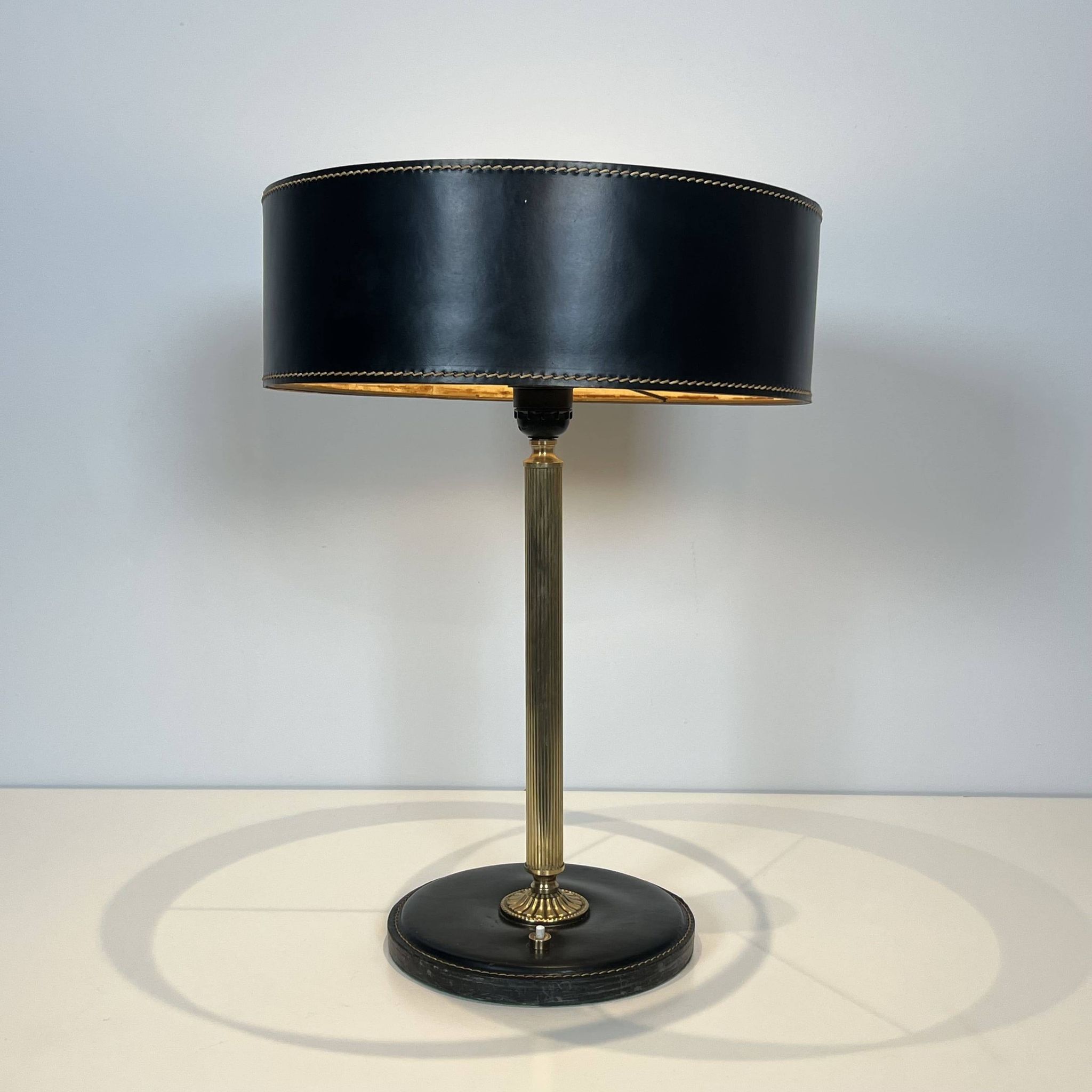 Black Quilted Leather Table Lamp and Golden Brass. French Craftsmanship.