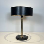 Black Quilted Leather Table Lamp and Golden Brass. French Craftsmanship.