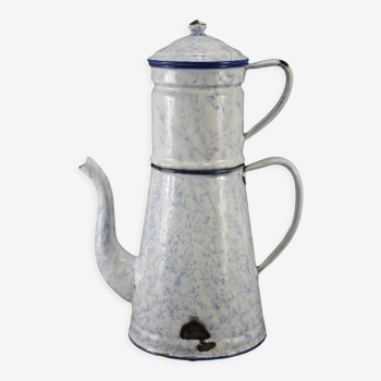 Cafetière émaillée blanche et bleu vintage