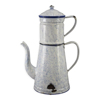 Cafetière émaillée blanche et bleu vintage