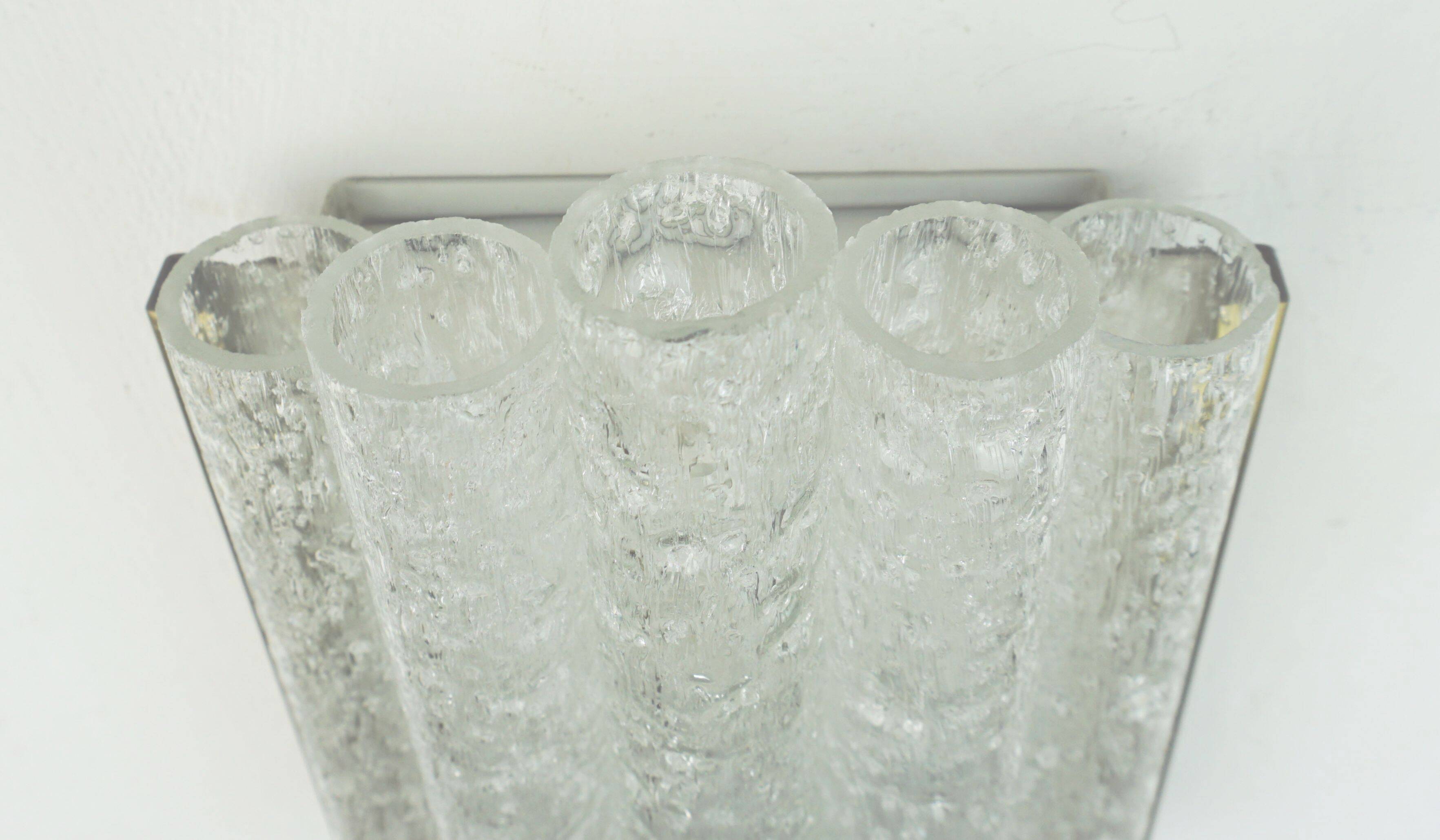 Applique murale doria avec 5 tubes en verre, lampe en verre glacé des années 1960, 2 disponibles