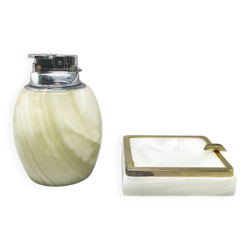 1960s Mid-Century Modern Italian Onyx Smoking Set with Table Lighter & Asht