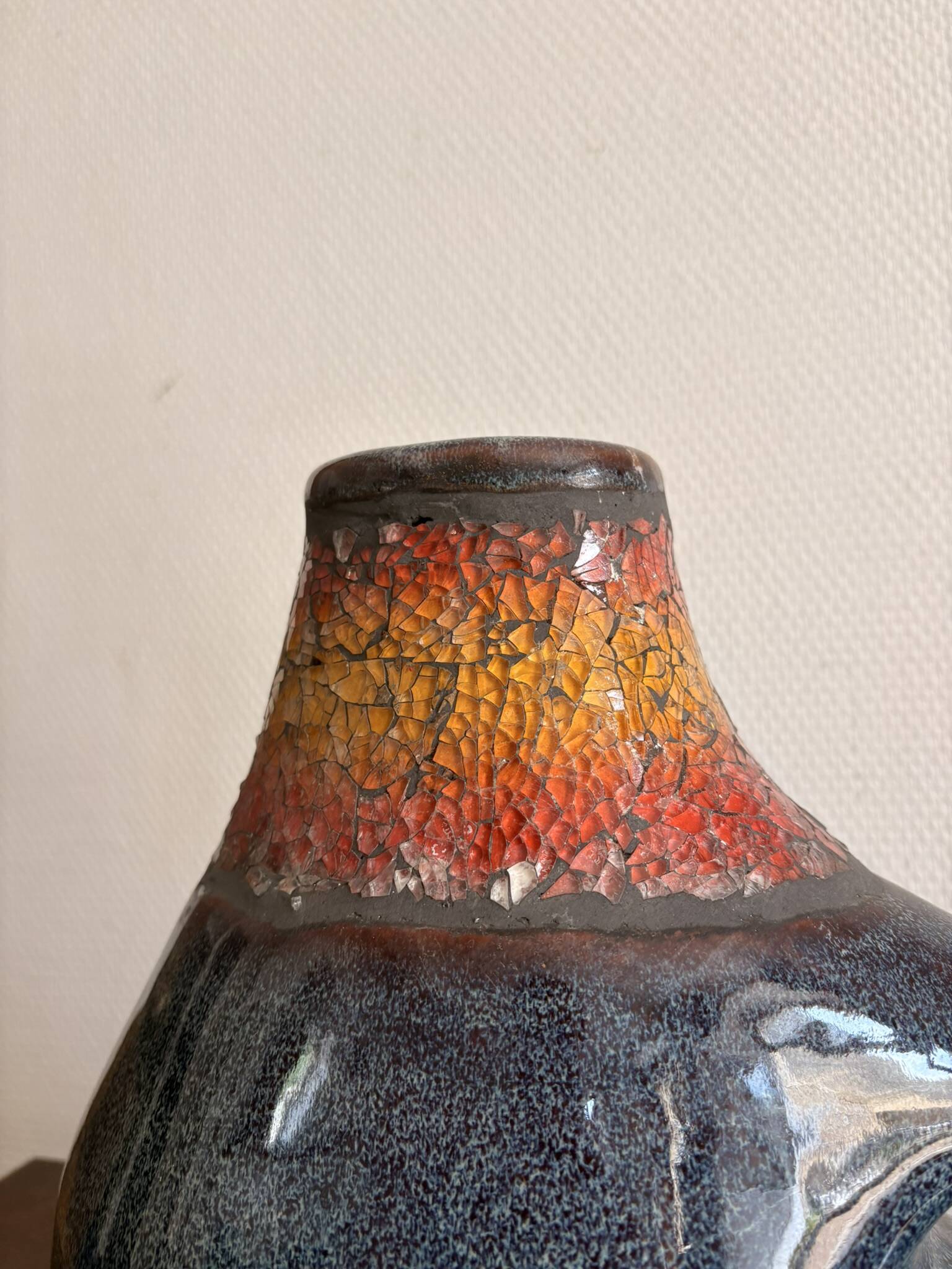Ancient Gouette Vase Ceramic Blue Orange Fat Lava Mosaic