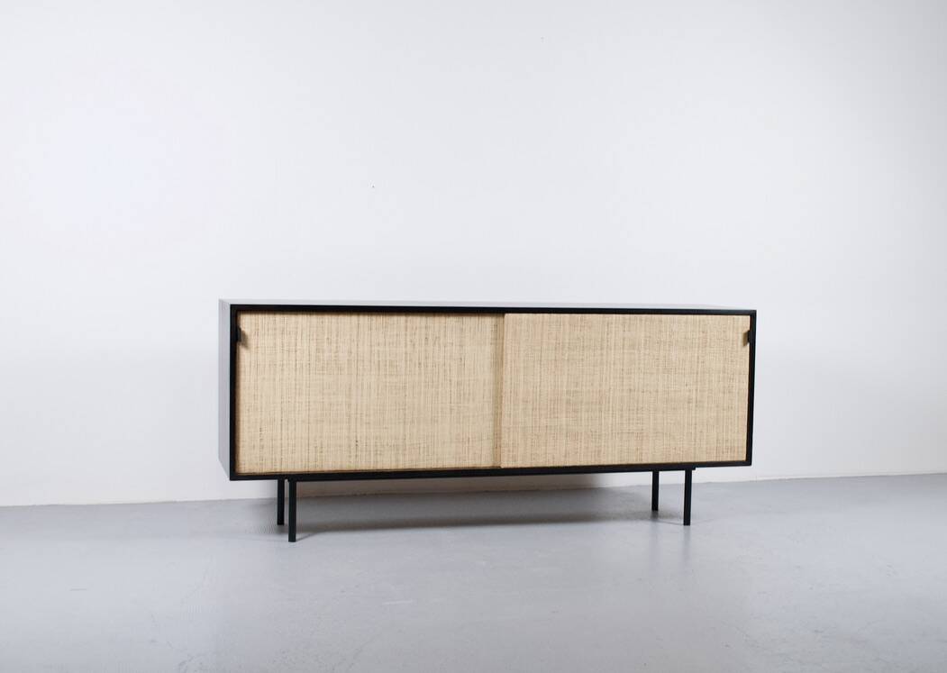 Enfilade florence knoll model 116 wood leather and raffia 1960