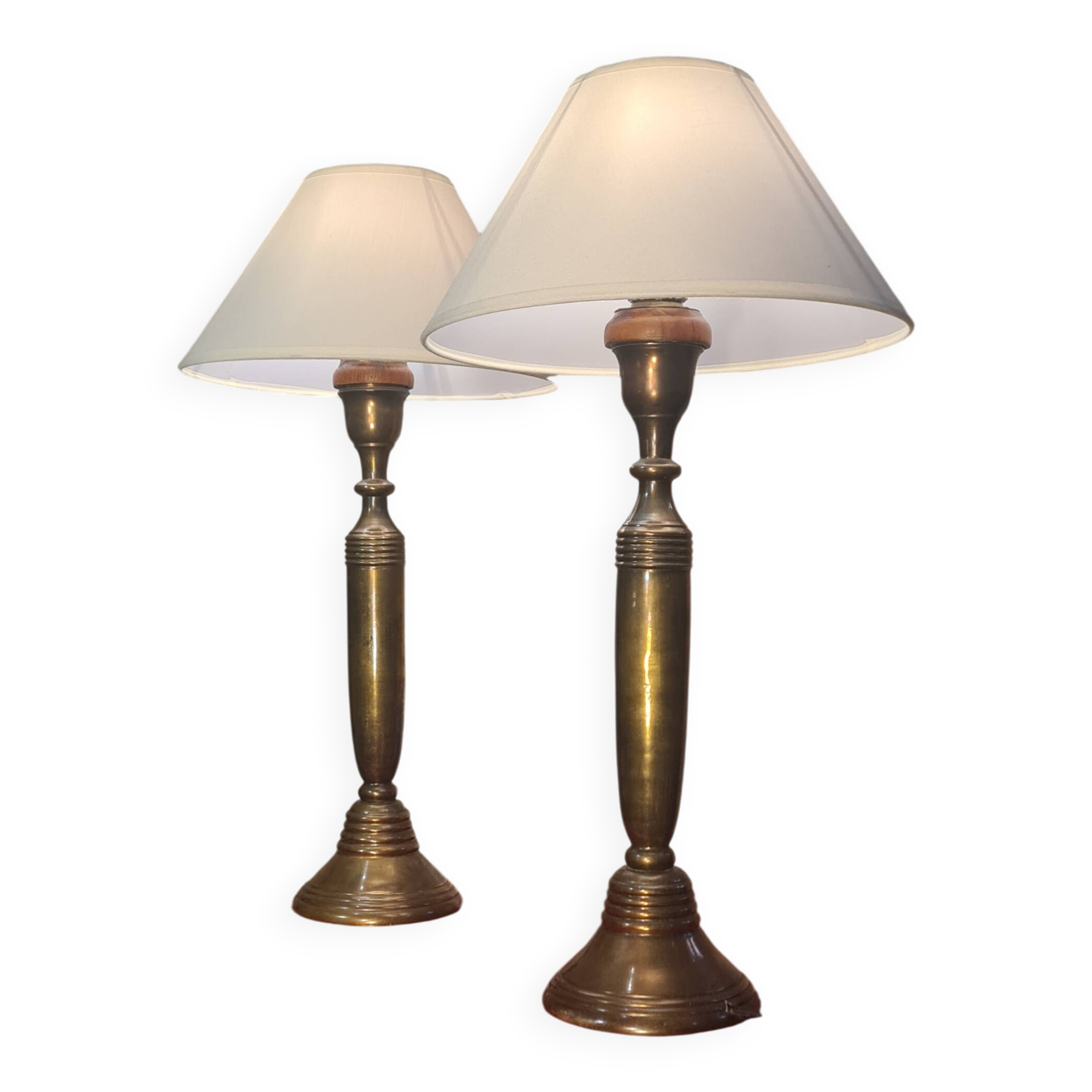 Pair of large solid brass lamps 1940, off-white lampshade 50x25
