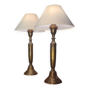 Pair of large solid brass lamps 1940, off-white lampshade 50x25