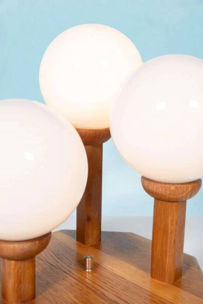 Bohemian glass ball table lamp from the 70s, wood & glass