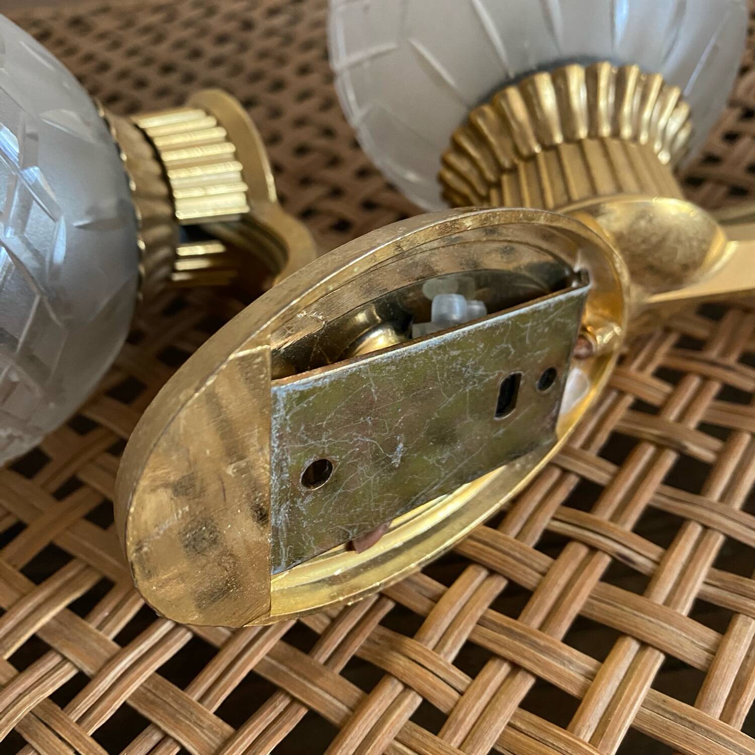 Pair of retro gold and glass tulip wall lights