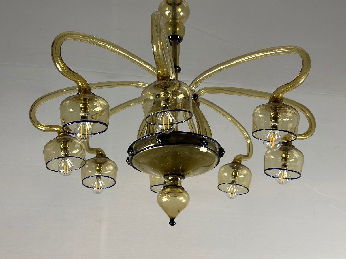 Venetian Art Nouveau chandelier in green and blue Murano glass circa 1920