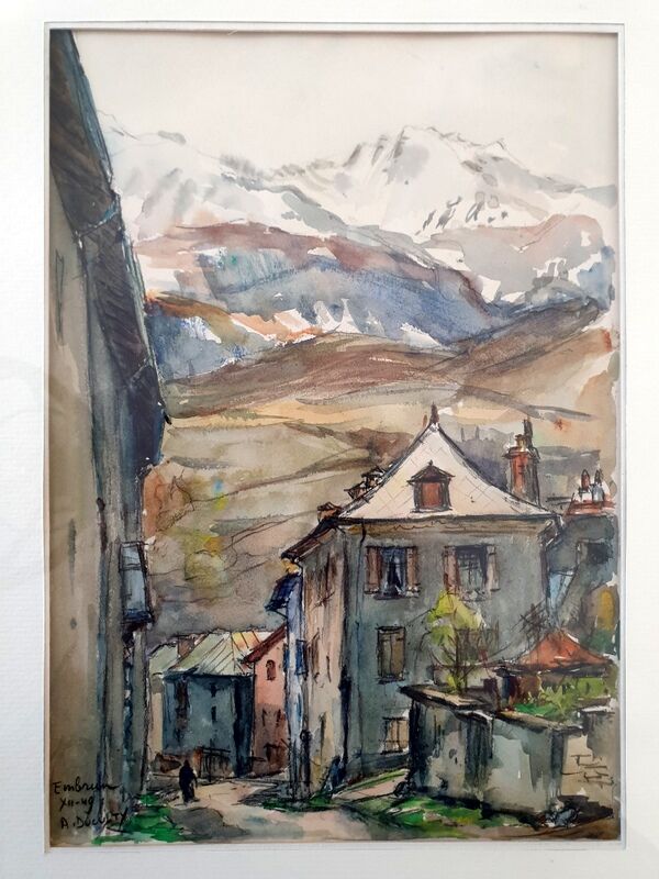 Aquarelle sur papier "Village d'Embrun (05)" Signée en bas à gauche, titré, André Duculty