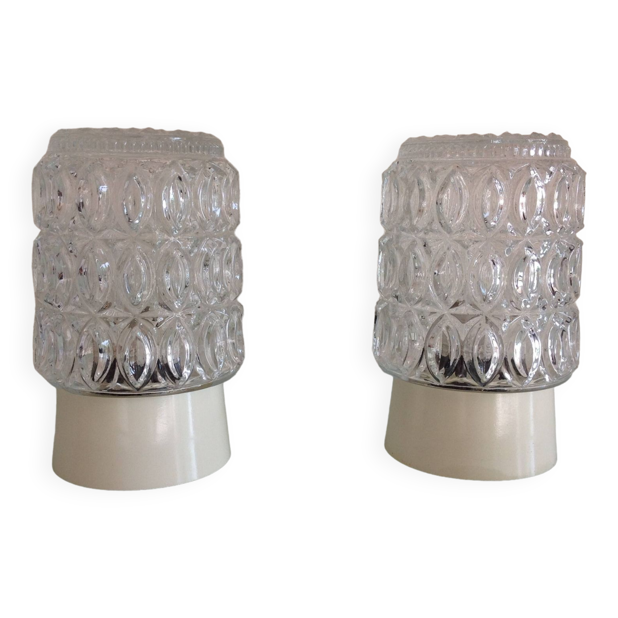 Pair of cylindrical structured glass ceiling lights / vintage 60s-70s