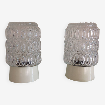 Pair of cylindrical structured glass ceiling lights / vintage 60s-70s