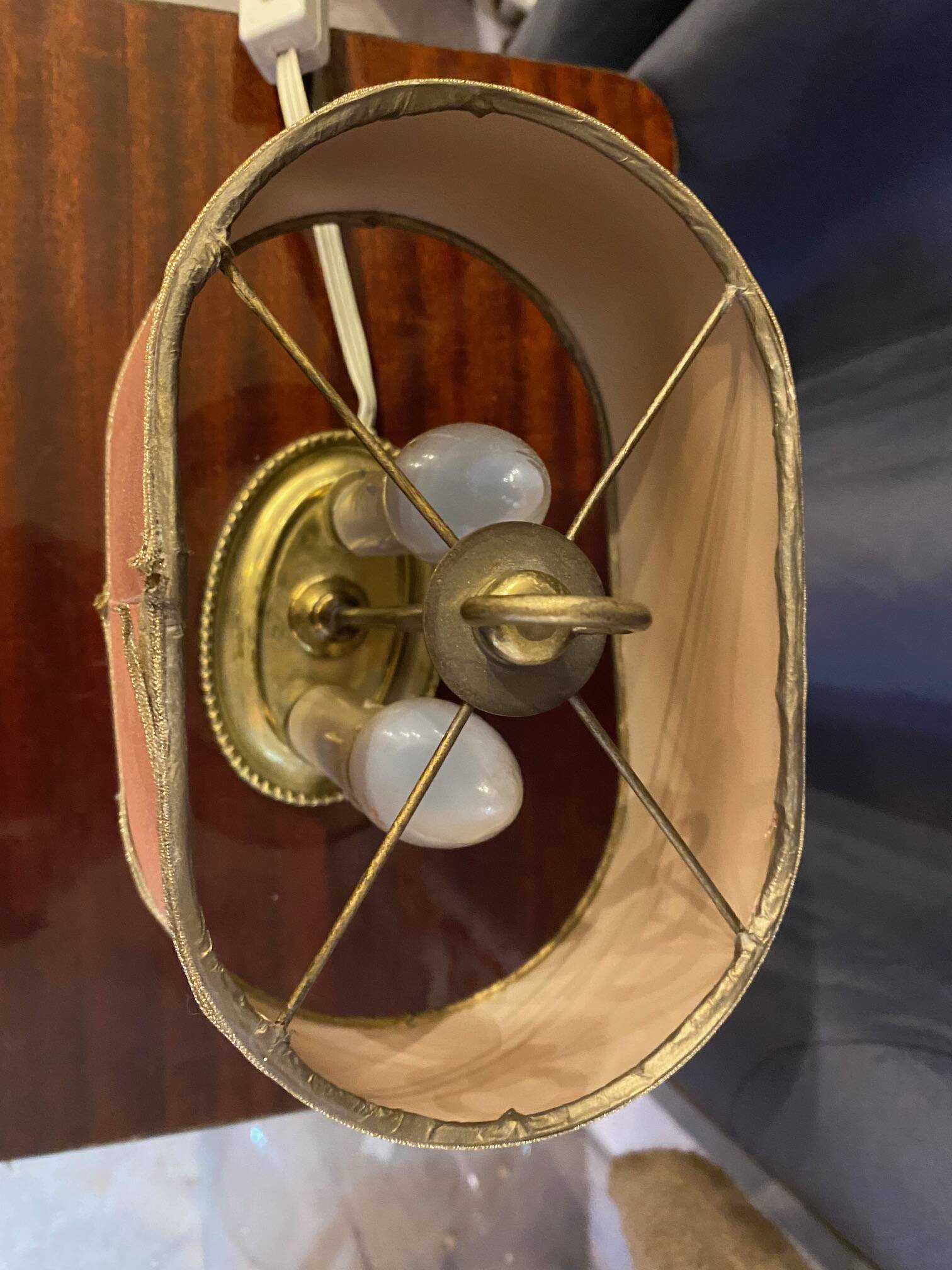 Lampe bouillotte en bronze double feux avec abat-jour tissu petit modèle