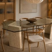 Table de salle à manger en travertin et verre fumé