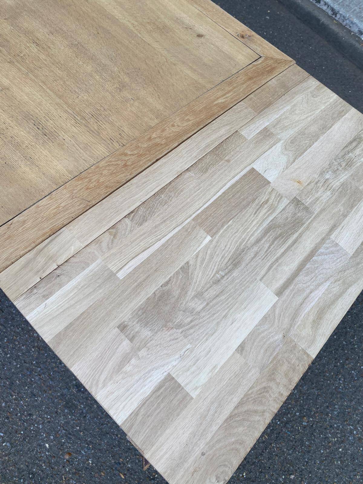 Extensible farmhouse dining table stripped in raw solid oak 1950