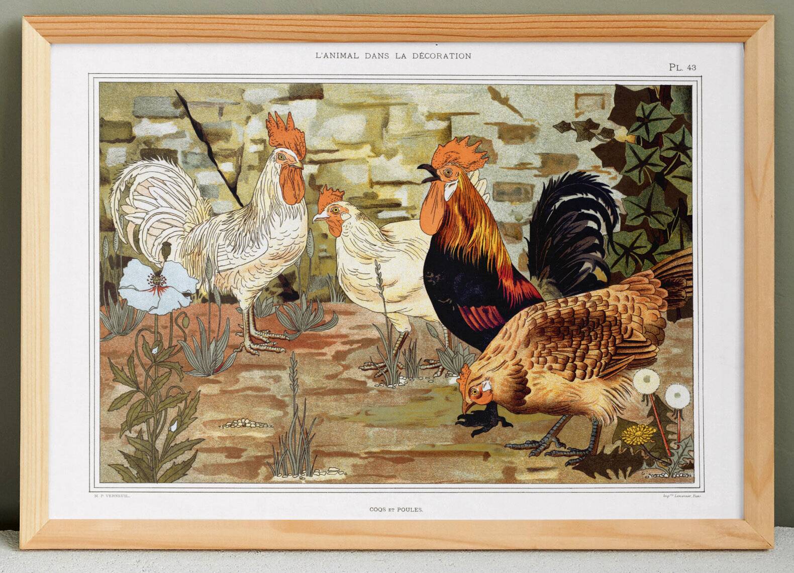 Poster “Roosters and Hens”, after an Art Nouveau lithograph from 1897