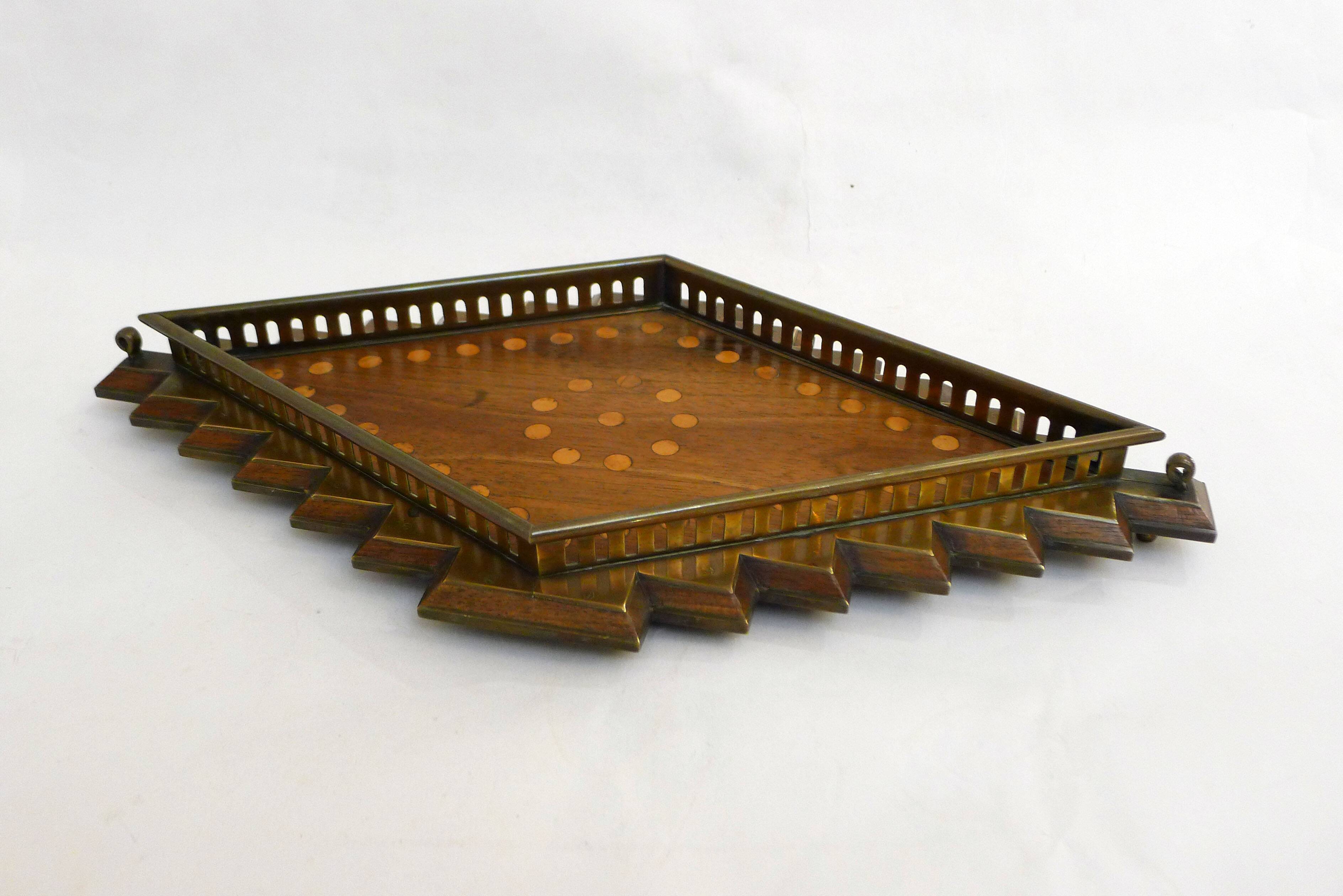 Diamond-shaped wood and brass tray