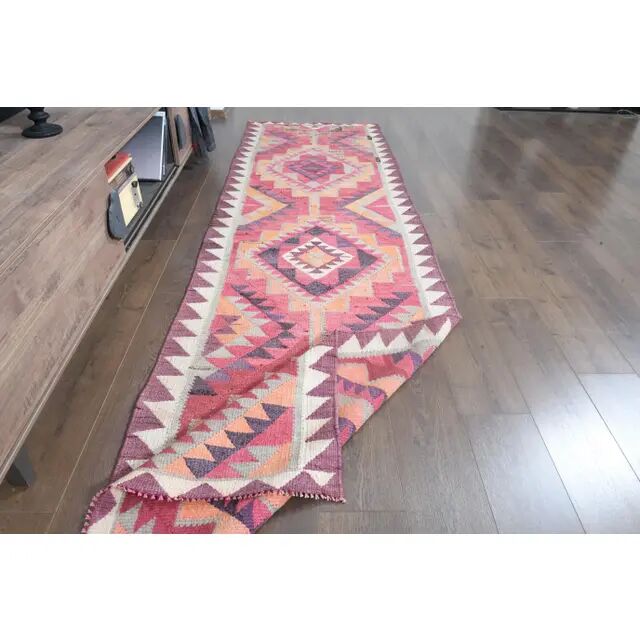 1970s Turkish Oushak Handmade Wool Cotton Pink Runner Rug 95x333
